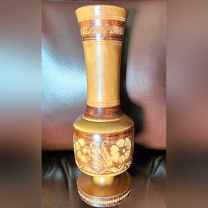 Mexican Folk Art Handmade Handcarved Handcrafted Etched Vintage. Wooden Vase